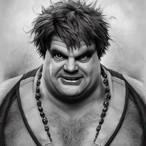 Image similar to chris farley as blanka from street fighter, squatting, ultra realistic, concept art, intricate details, eerie, highly detailed, photorealistic, octane render, 8 k, unreal engine. art by artgerm and greg rutkowski and magali villeneuve and alphonse mucha