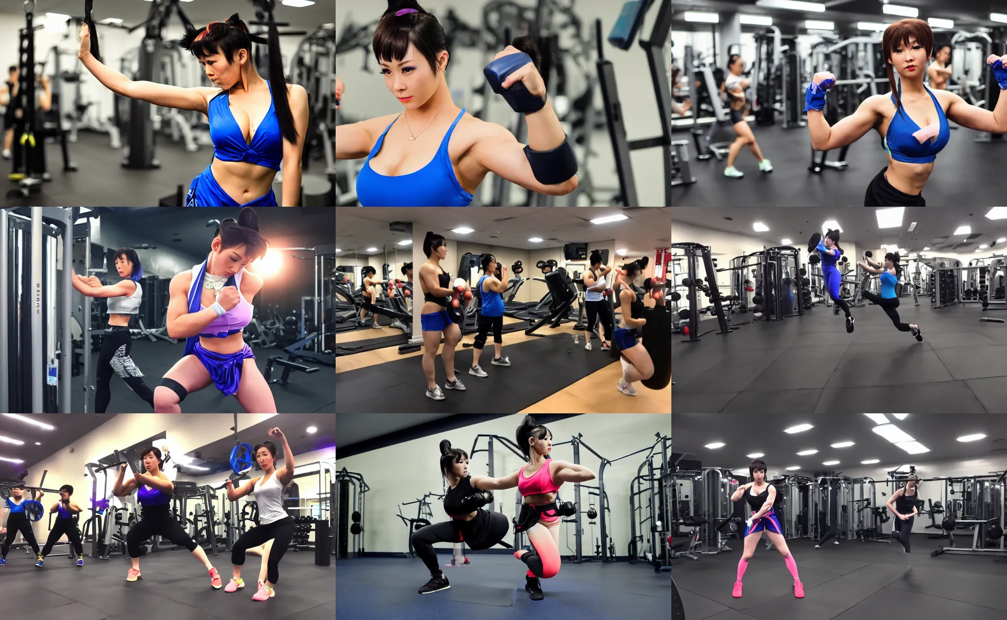 Prompt: dynamic 4k picture of Chun li cosplayer training at the gym, dimly lit, fluorescent lights