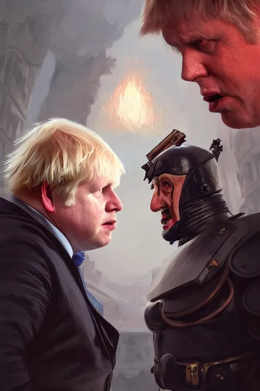 Image similar to aggressive Boris Johnson vs scared Putin, face to face staring, civil war style, highly detailed, digital painting, artstation, concept art, smooth, sharp focus, illustration, cinematic lighting, art by artgerm and greg rutkowski and alphonse mucha