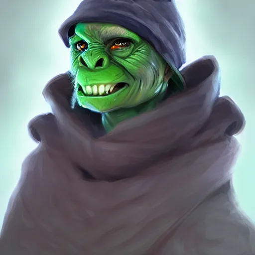 Image similar to Goblin Cleric with large expressive eyes and a scarf, hatched ear, green skin, highly detailed, by Luke Pearson, artgerm, digital illustration, concept art