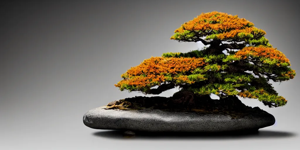 Prompt: photo bonsai cedar on a cnn rock made of amber in the water, gold hour, soft lighting, light fog, medium full shot, volumetric lighting, beautiful, ultra detailed, cgsociety by leesha hannigan, thierry doizon, 3 5 mm, fujifilm, cinematic, realistic