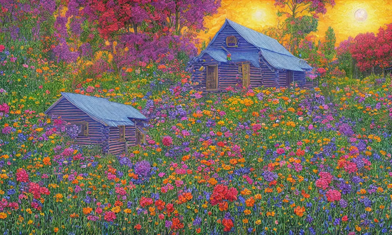 Prompt: a cabin in a mystical field of flowers illustration painting, oil on canvas, intricate, hd, digital art, overdetailed art, complementing colors, detailed, illustration painting by alex gray, digital art, moebius