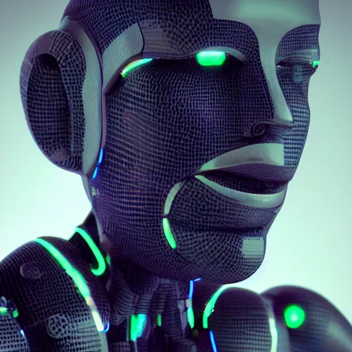 Image similar to robot turning into human, in a polyart style utopic world, octane render, 4k