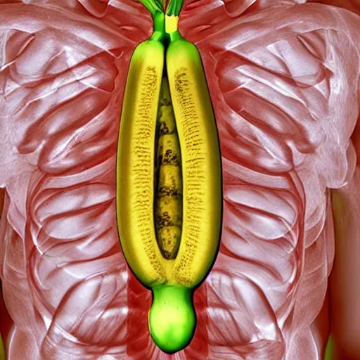 Image similar to Chest CT scan showing a banana lodged in the middle of the chest