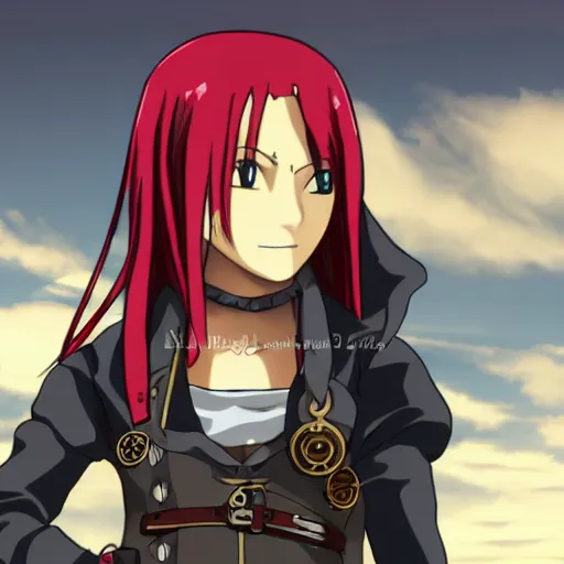 Image similar to sky-pirate with long red hair in front of a steampunk airship, full metal alchemist, anime style