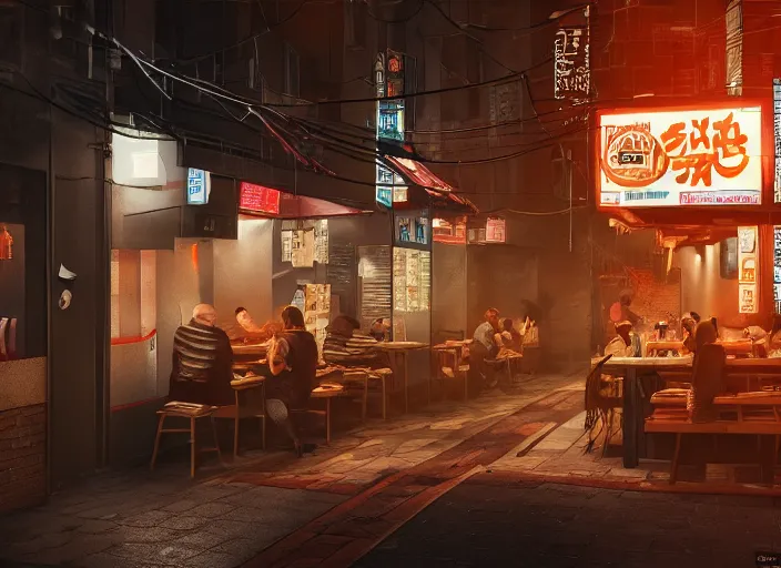 Prompt: through a window, a small cozy ramen restaurant in a busy thriving cyberpunk street at night, trending on cgsociety, unreal engine, 4 k wallpaper