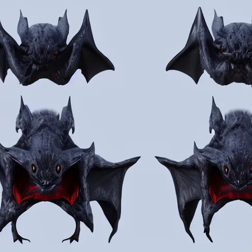 Image similar to front and back character view of scary giant mutant dark blue humanoid bat, glowing red eyes flying above a stormy ocean, sharp teeth, acid leaking from mouth, realistic, giant, bat ears, bat nose, bat claws, bat wings, furred, covered in soft fur, detailed, trending on artstation clean concept art and sheet that using unreal engine 5 render and hyper detailed 3D texture with cinematic software light 85mm f/1.4