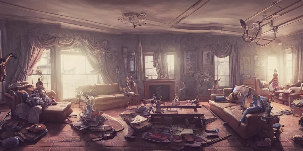 Prompt: a cursed living room with mirrors, realistic, extremely detailed, sharp focus, wide view, smooth, digital illustration, octane render, unreal engine 6, ray tracing, by james jean, by rossdraws, by frank franzzeta, by mcbess, by sakimichan, by brosmin, by danton fadeev, by steve simpson