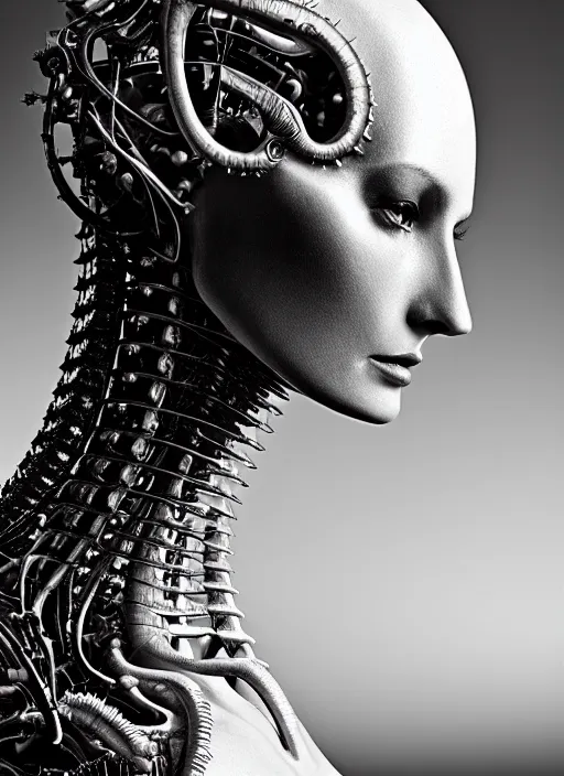 Prompt: a beautiful glamour intricate bio - mechanical feminine profile face with long neck, by giger, glamor shot, tri - x 1 0 0 tx, closeup, blur effect, 1 6 k, rim lights, rembrandt lighting, reflective, insanely detailed and intricate, hypermaximalist, elegant, ornate, hyper realistic, super detailed