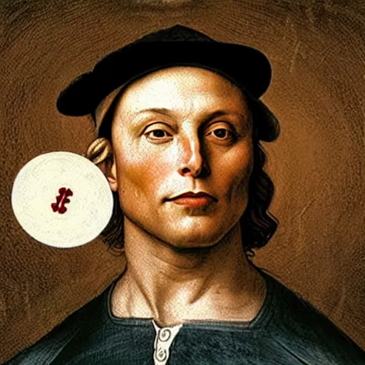 Prompt: ecstatic elon musk wearing a baseball cap backwards throwing money in the air painted by leonardo da vinci.