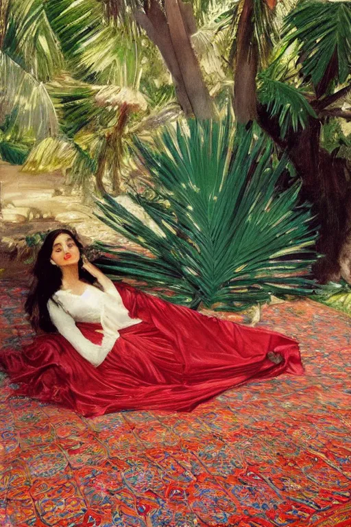 Image similar to gorgeous iranian girl with detailedly skirt lay down on a detailed persian carpet, tree palms in background, painting by john singer sargent