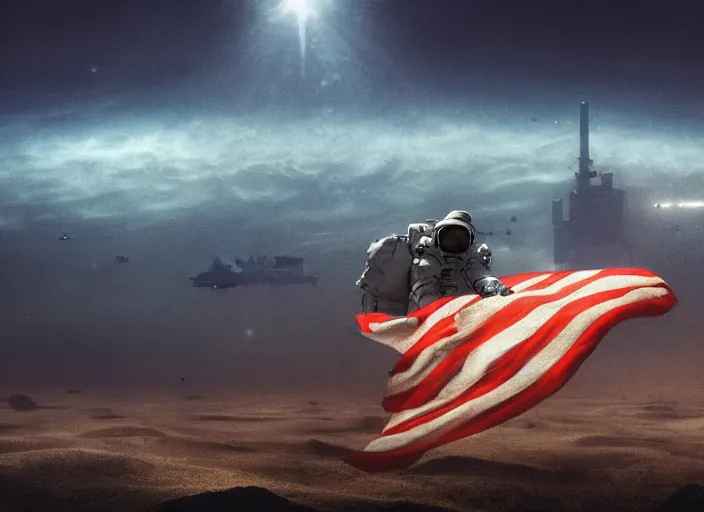 Image similar to astronaut holding a flag in an underwater desert. a submarine is visible in the distance. dark, concept art, cinematic, dramatic, atmospheric, 8 k, trending on artstation, blue, fish, low visibility, fog, ocean floor, christopher nolan, interstellar