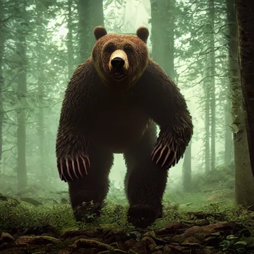 Image similar to a giant bear-shaped lovecraft monster beast with 6 arms running quickly through a woodland, scary bear monster, 4 arms, magical forest, fantasy, Ireland, England, king Arthur, Lord of the rings, cinematic, realistic style, beautiful, majestic, dramatic lighting, early morning, dawn CGsociety, realistic, hyper maximalist, golden ratio, octane render, rule of thirds, wide shot , 8k resolution, epic volumetric light, cinematography, concept art, Artstation trending, environments, fantasy