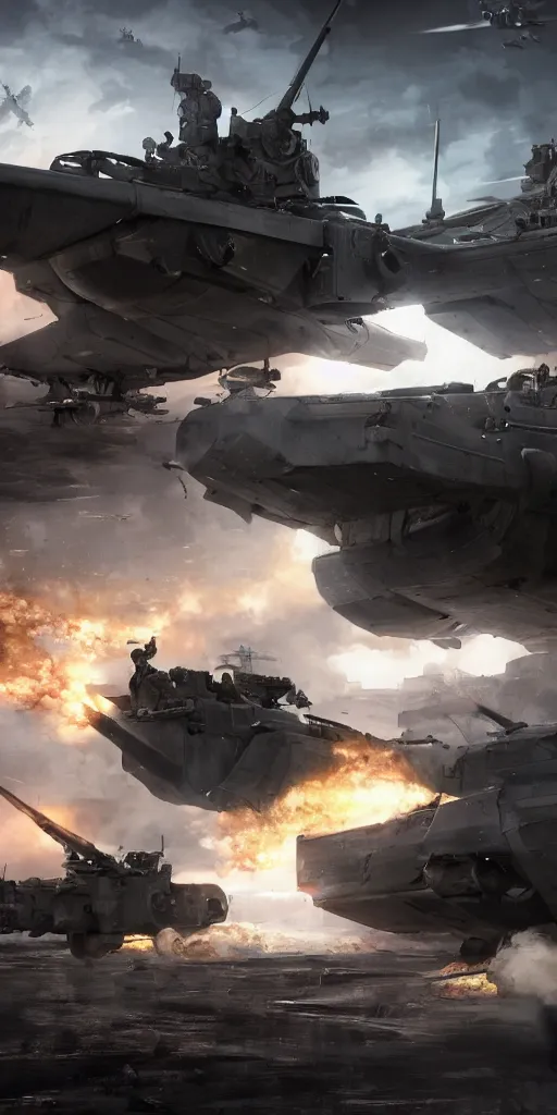 Image similar to concept art, world war iii, war scenes, super wide - angle, uav, soldiers'remote command, special forces'launching kinetic energy weapons, launching tracking missiles, armor piercing missiles, drag light bombs, backlight, cyberpunk, future technology, smooth lines, high details, 8 k, octane rendering, unreal engine.