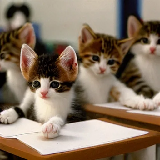 Image similar to anthropomorphic cute kittens sitting at their desks on the first day of kindergarten, medium shot by Wes Anderson