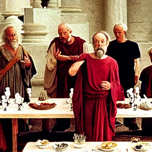 Image similar to Still from TV adaptation of the Banquet of Plato by Steven Spielberg starring Alec Guinness as Socrates