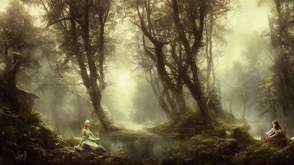 Prompt: elven princess sitting alone in the melancholy forest. andreas achenbach, artgerm, mikko lagerstedt, zack snyder, tokujin yoshioka