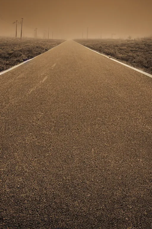 Image similar to sepia photo of a road with no end, dust smog in background, photorealistic, tonemapped