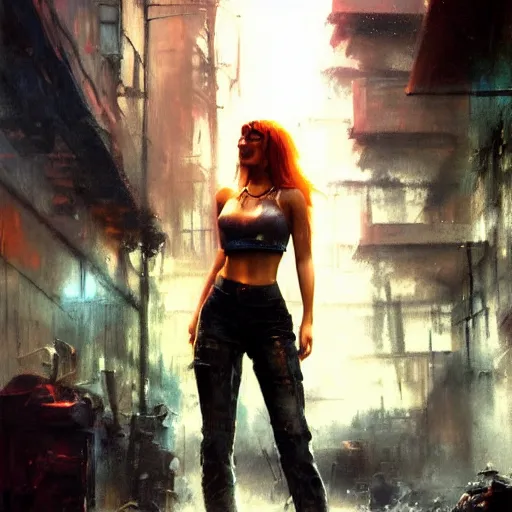 Prompt: bella thorne wearing crop top, hyperrealistic full figure, bladerunner street alley, art of elysium by frank frazetta and by jeremy mann, fantasy art, photo realistic, dynamic lighting, artstation, full figure poster, volumetric lighting, very detailed face, 4 k, award winning