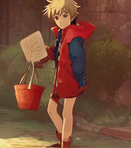 Image similar to attractive little boy character inspired in little red riding hood and narancia from jojo, digital artwork made by akihiko yoshida and makoto shinkai