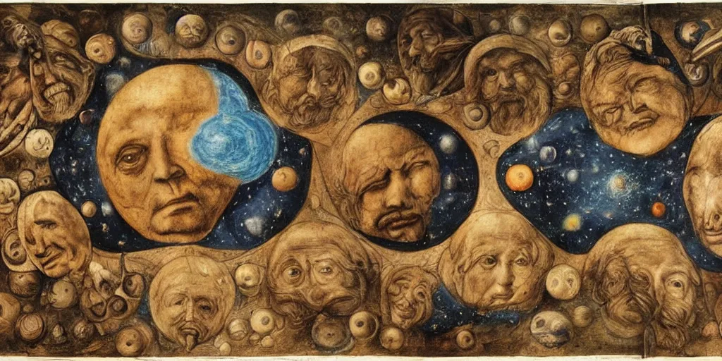 Image similar to the creation of the universe, planets and stars, in the style of leonardo da vinci