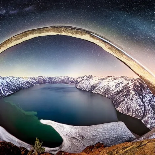 Image similar to Galactic arch, snowy mountains and lakes, in the style of National Geographic magazine, astronomical photography