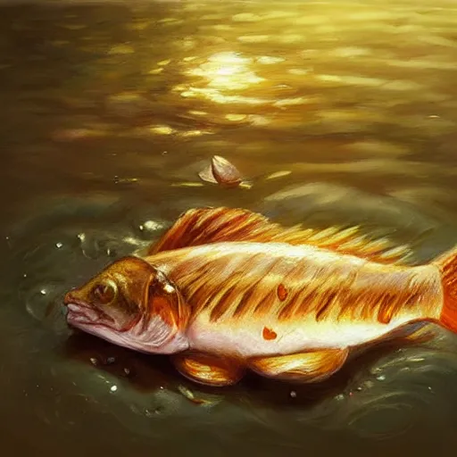 Image similar to a fish laying on top of a chocolate bar. soft, atmospheric, warm lighting. highly detailed digital painting by mandy jurgens.