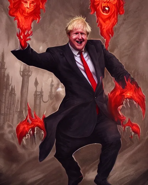 Prompt: dark fantasy character concept painting of uk politician former prime minister boris johnson wearing a suit of red dancing smiling in the fiery pits of hell, smiling and having fun with demons, satanic imagery, pagan, satanic symbolism, illustration, trending on artstation,