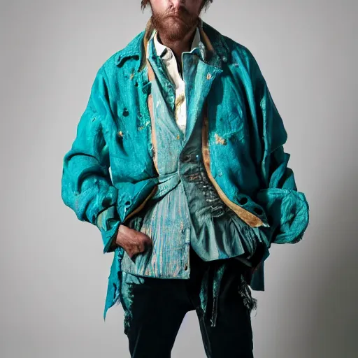 Image similar to an award - winning closeup editorial photo of a male model wearing a teal distressed baggy medieval cotton menswear jacket by alexander mcqueen, 4 k, studio lighting, wide angle lens