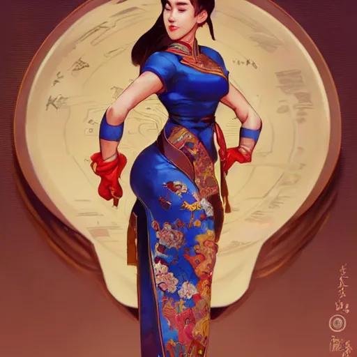 Image similar to Chun Li wearing a qipao, highly detailed, digital painting, artstation, concept art, sharp focus, illustration, cinematic lighting, art by artgerm and greg rutkowski and alphonse mucha