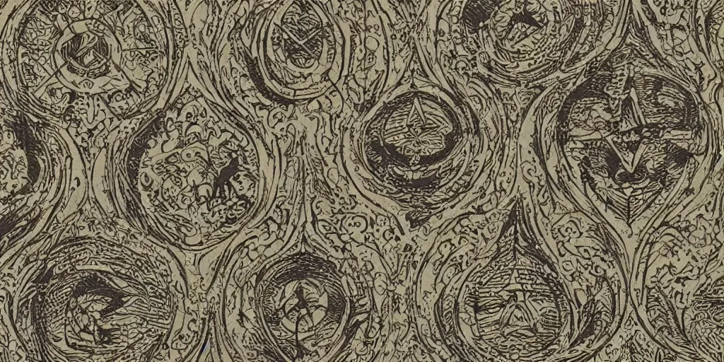 Image similar to scan of old symmetrical patterned wallpaper showing hay creatures and cryptic occult alpine symbols and dolomites, wood engraving