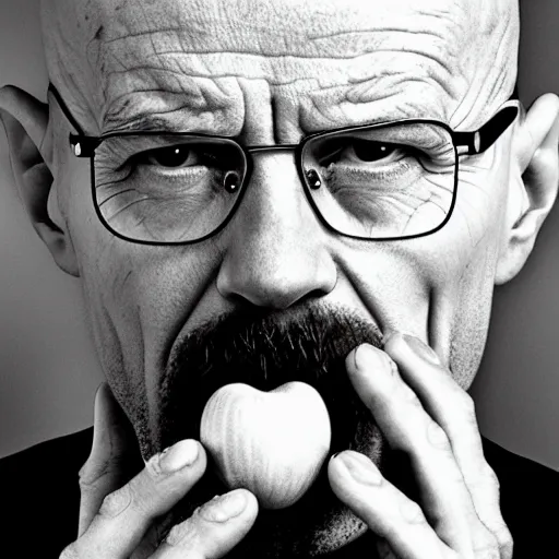 Image similar to walter white eating an apple, photography