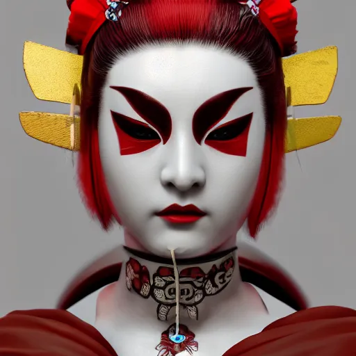 Image similar to geisha warrior ornated armor war paint, detailed, jewelry, sakura,photograph, award wining, red and white, trending on artstation, 4k, unreal engine 5, octane render, neon highlights