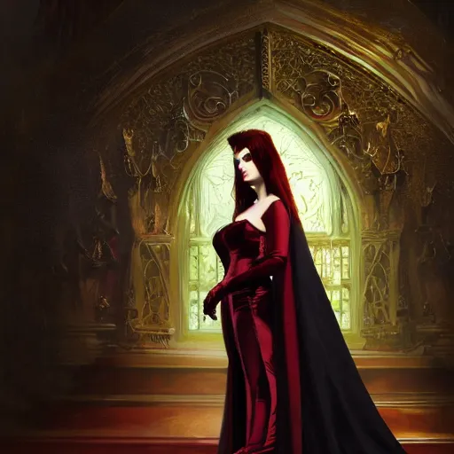 Prompt: an extremely detailed matte painting of a vampire queen in a resplendent and ostentatiously beautiful dark red dress with gold trim and black high heeled shoes at a masquerade ball, epic fantasy, viewed in profile from far away, sharp focus, detailed face, art by greg rutkowski and alphonse mucha, volumetric lighting, 4 k resolution, artstation