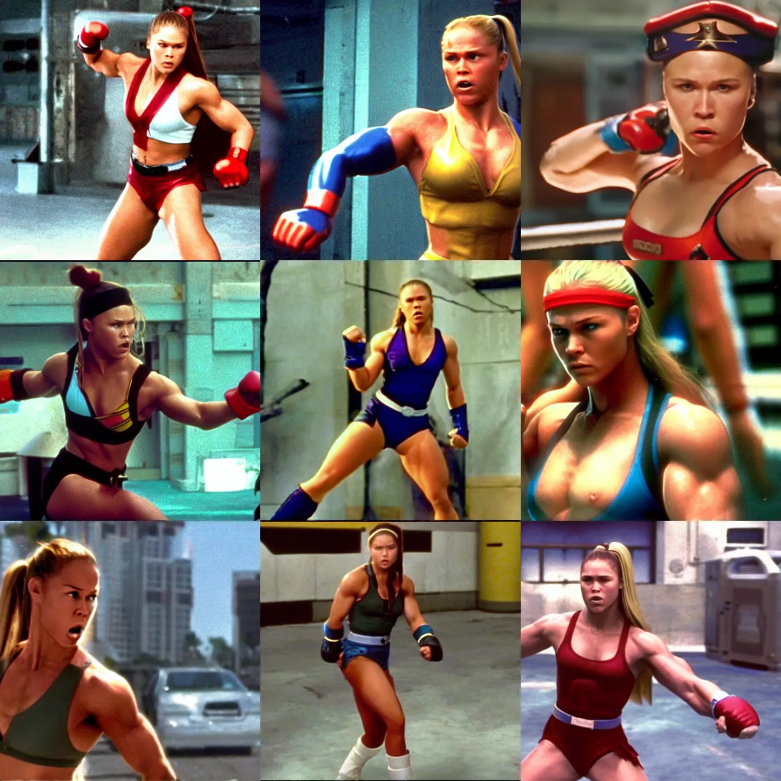 Prompt: cinematic still of Ronda Rousey as Cammy White in Street Fighter: The Movie (1995) doing a roundhouse kick