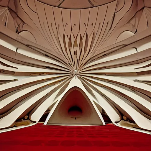 Image similar to interior of a futuristic lotus temple with gold, red and white marble panels, in the desert, by buckminster fuller and syd mead, intricate contemporary architecture, photo journalism, photography, cinematic, national geographic photoshoot