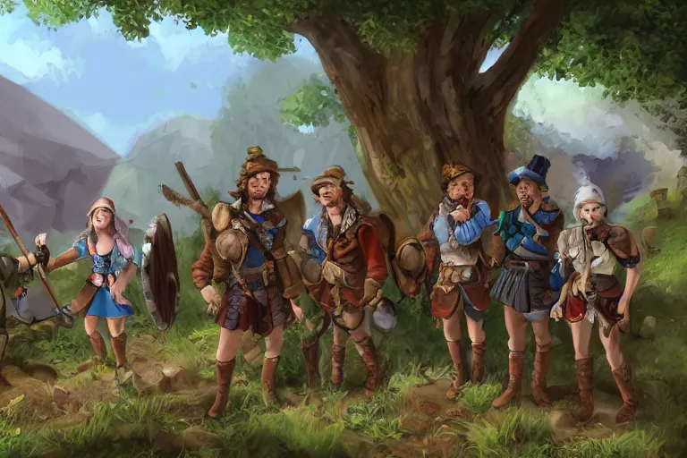 Image similar to a group of adventurers in the countryside getting ready for their first dungeon, digital art