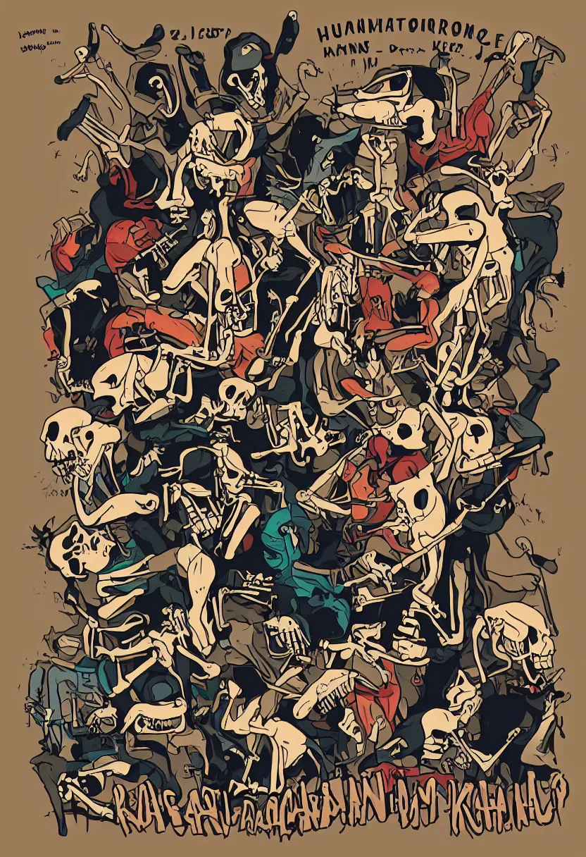 Prompt: concert t-shirt design for human and kangaroo skeletons fighting, trending on artstation