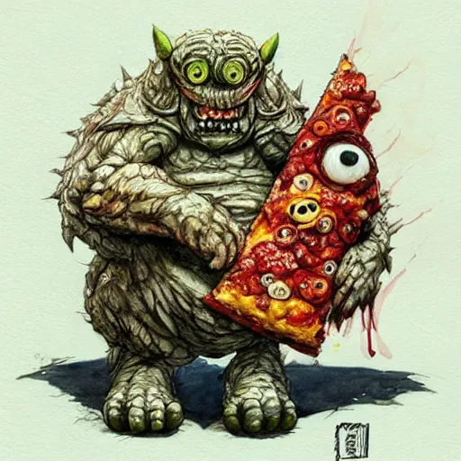 Image similar to a cute monster made of pizza, watercolor, pen and ink, intricate line drawings, by Yoshitaka Amano, Ruan Jia, Kentaro Miura, Artgerm, detailed, trending on artstation, hd, masterpiece,