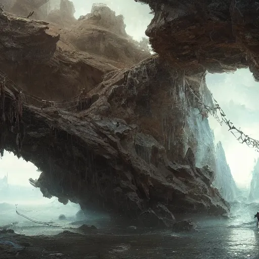 Image similar to a rope bridge over a dark chasm, flying piles of bones, matte painting, fantasy art, by greg rutkowski, by andreas achenbach,