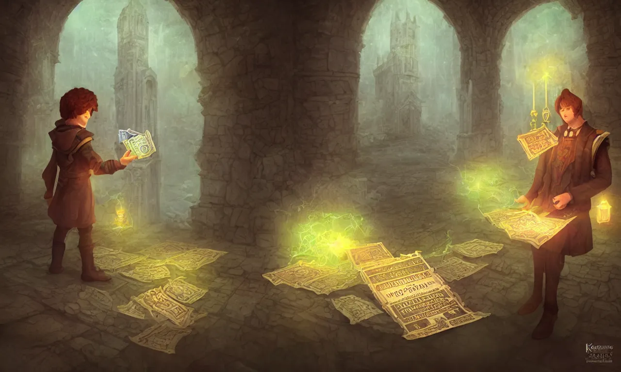 Image similar to kerberos realm, faked ticket close up, wizard reading a directory, nordic pastel colors, abandoned ruins, 3 d art, digital illustration, perfect lighting