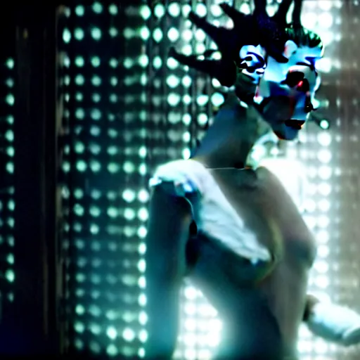 Image similar to cinematic portrait of kristen mcmenamy as bride of frankenstein as a replicant in a busy nightclub, frightened and angry, still from the movie ex machina, fashion photography, a neon sign is in the background
