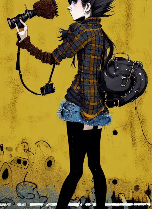 Prompt: highly detailed portrait of a moody sewerpunk young adult lady with a harris tweed holdy by greg tocchini, by krenz cushart, by brian lee o'malley, by kaethe butcher, gradient yellow, black, brown and cyan color scheme, grunge aesthetic!!! ( ( graffiti tag city background ) )