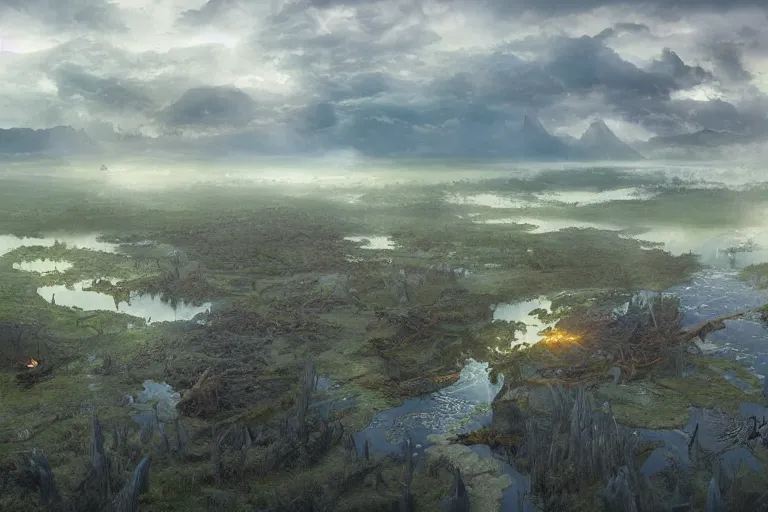 Image similar to aerial view, cinematic fantasy painting, dungeons and dragons, a faerie village, swamp wetland marsh estuary, with sunset lighting ominous shadows by jessica rossier and brian froud cinematic painting