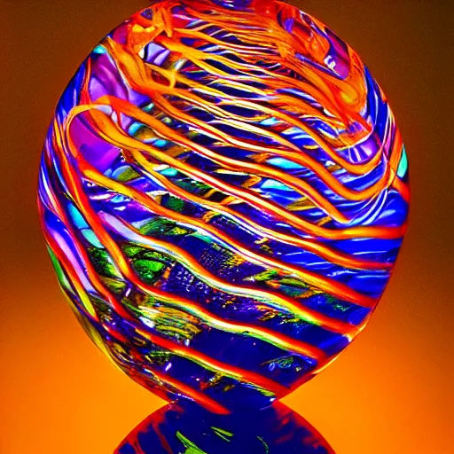 Prompt: portrait of a plasma energy tron murano candy glass egg designed by david chihuly. made up of glowing electric polygons. cinestill by annie liebowitz