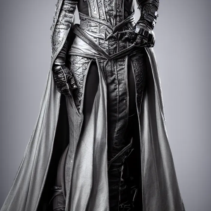 Prompt: full length photograph of a real-life beautiful female rogue with intricate silver robes, Extremely detailed. 8k