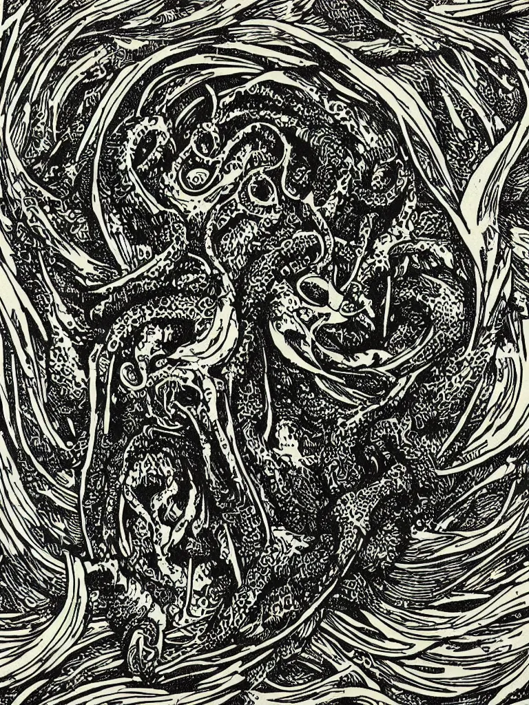 Image similar to old printmaking woodblock print of a intricately detailed tribute to the elder god cthulhu, beautiful dark fantasy, 8k detail