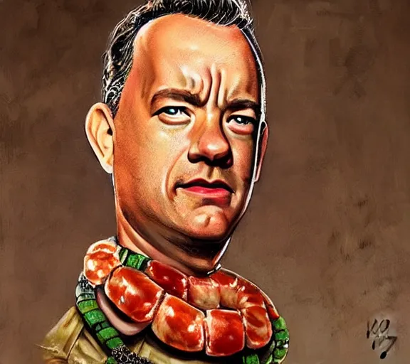 Prompt: Tom hanks as forrest gump wearing a necklace of shrimps around the neck, realistic face, digital art, in the style of Aleksi Briclot, amazing detail, artstation