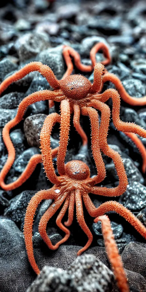 Prompt: professional photo shot of an alien spider octopus made of silica crystal spikes, melted with rocks in the background, microscopic picture, droplets of water, grimy, gritty, trending on artstation, award winning, close shot, by aleks labuda and barry webb