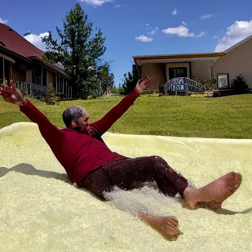 Prompt: a man gliding down a brown pudding slip n slide